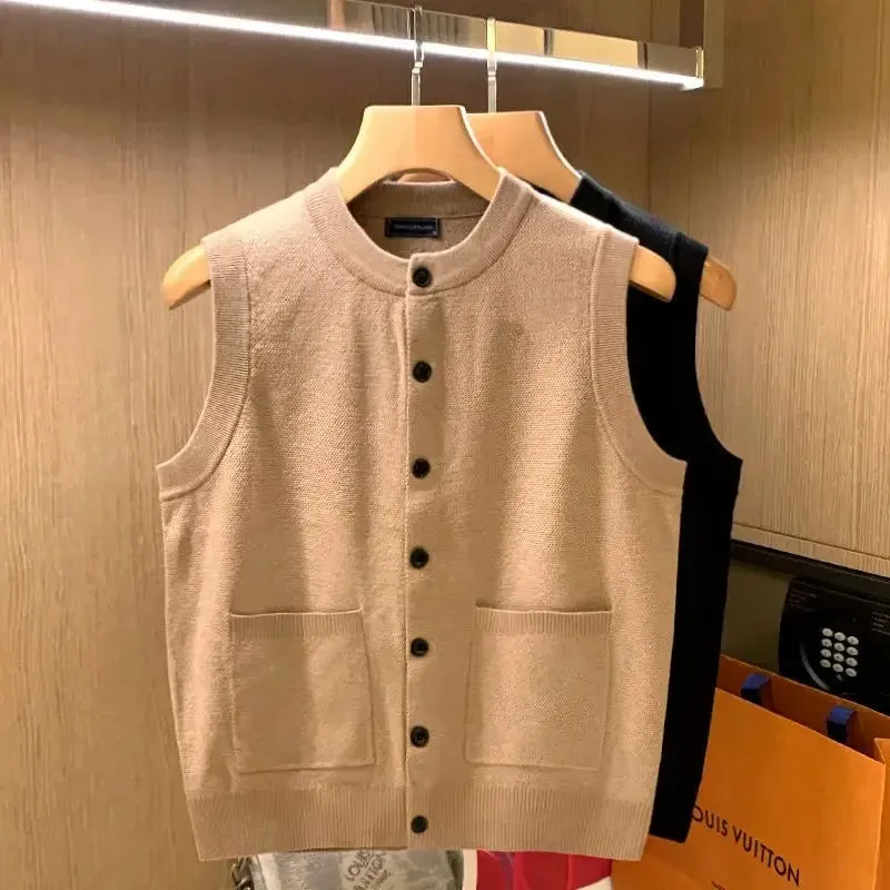 Aidase mens outfits Vest Crewneck Man Clothes Black Waistcoat Knitted Sweaters for Men Sleeveless Round Collar Long Sleeve