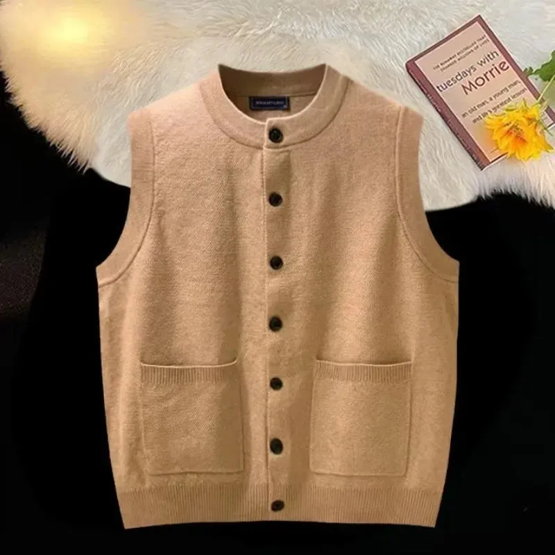 Aidase mens outfits Vest Crewneck Man Clothes Black Waistcoat Knitted Sweaters for Men Sleeveless Round Collar Long Sleeve