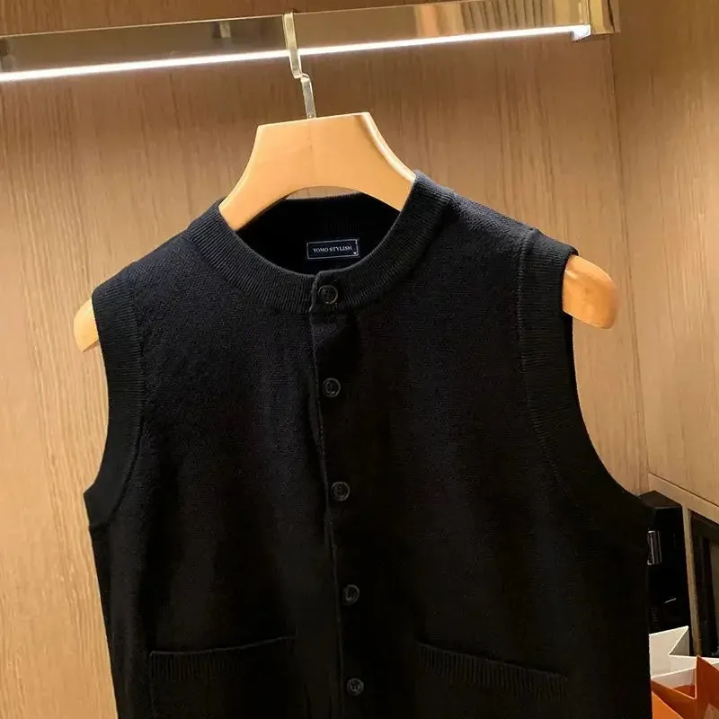 Aidase mens outfits Vest Crewneck Man Clothes Black Waistcoat Knitted Sweaters for Men Sleeveless Round Collar Long Sleeve