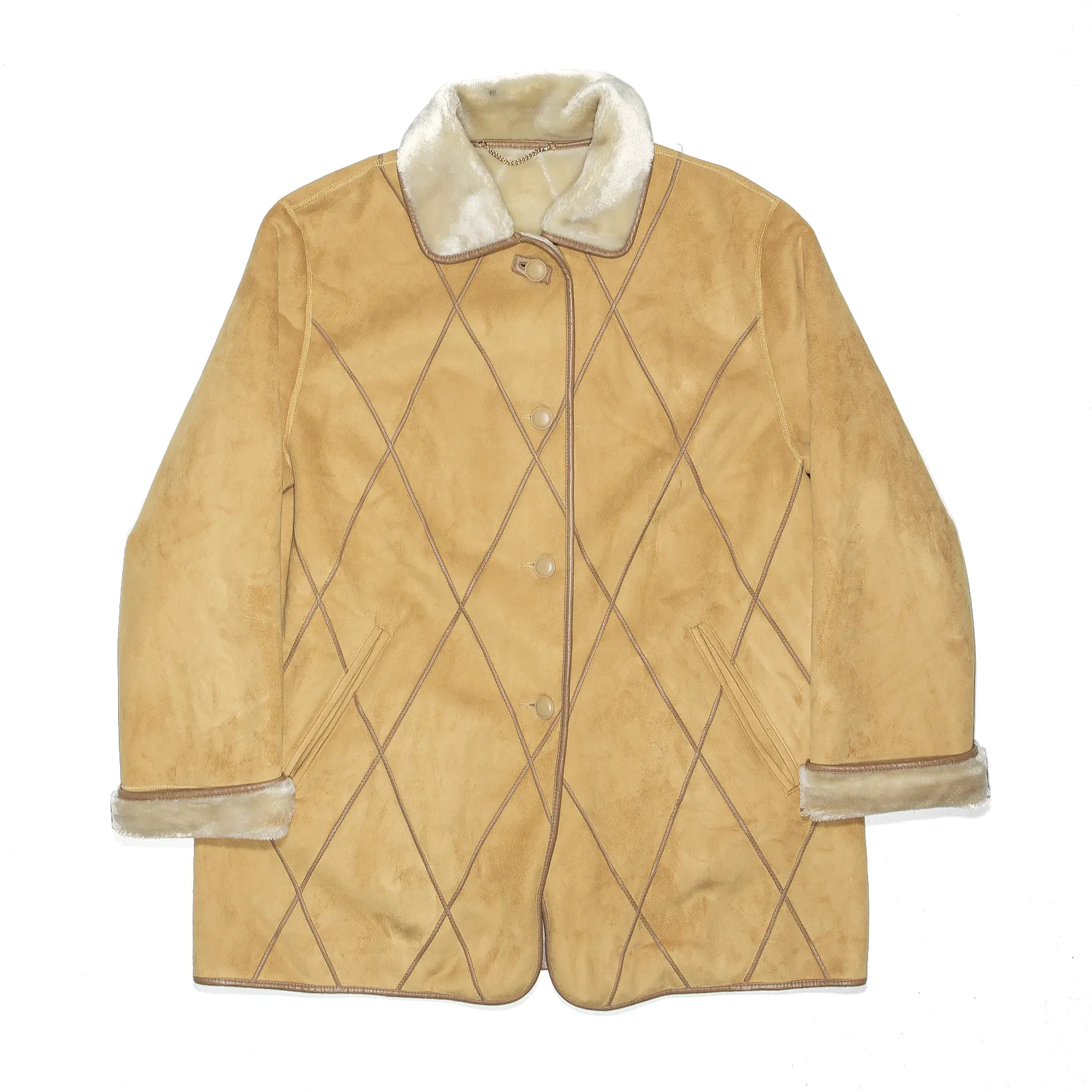 BARONIA Faux Fur Lined Tan Brown 90s Overcoat Jacket Womens L
