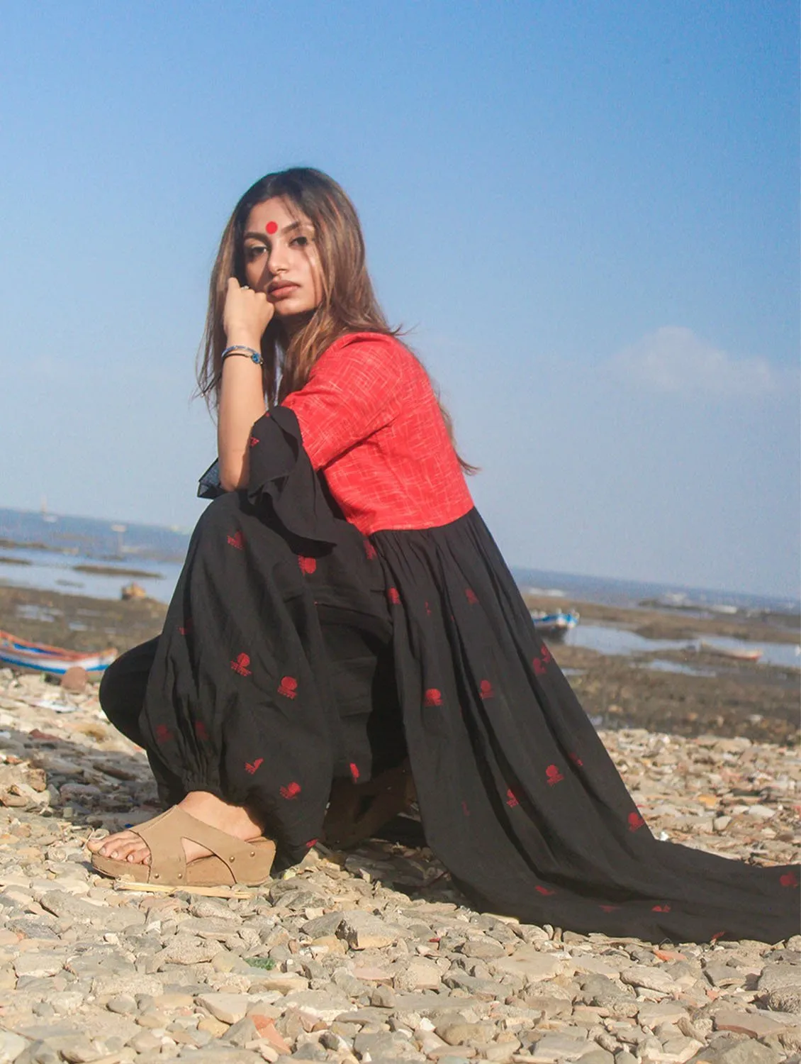 Black Cape Jacket With Flared Sleeves in Jamdani Fabric