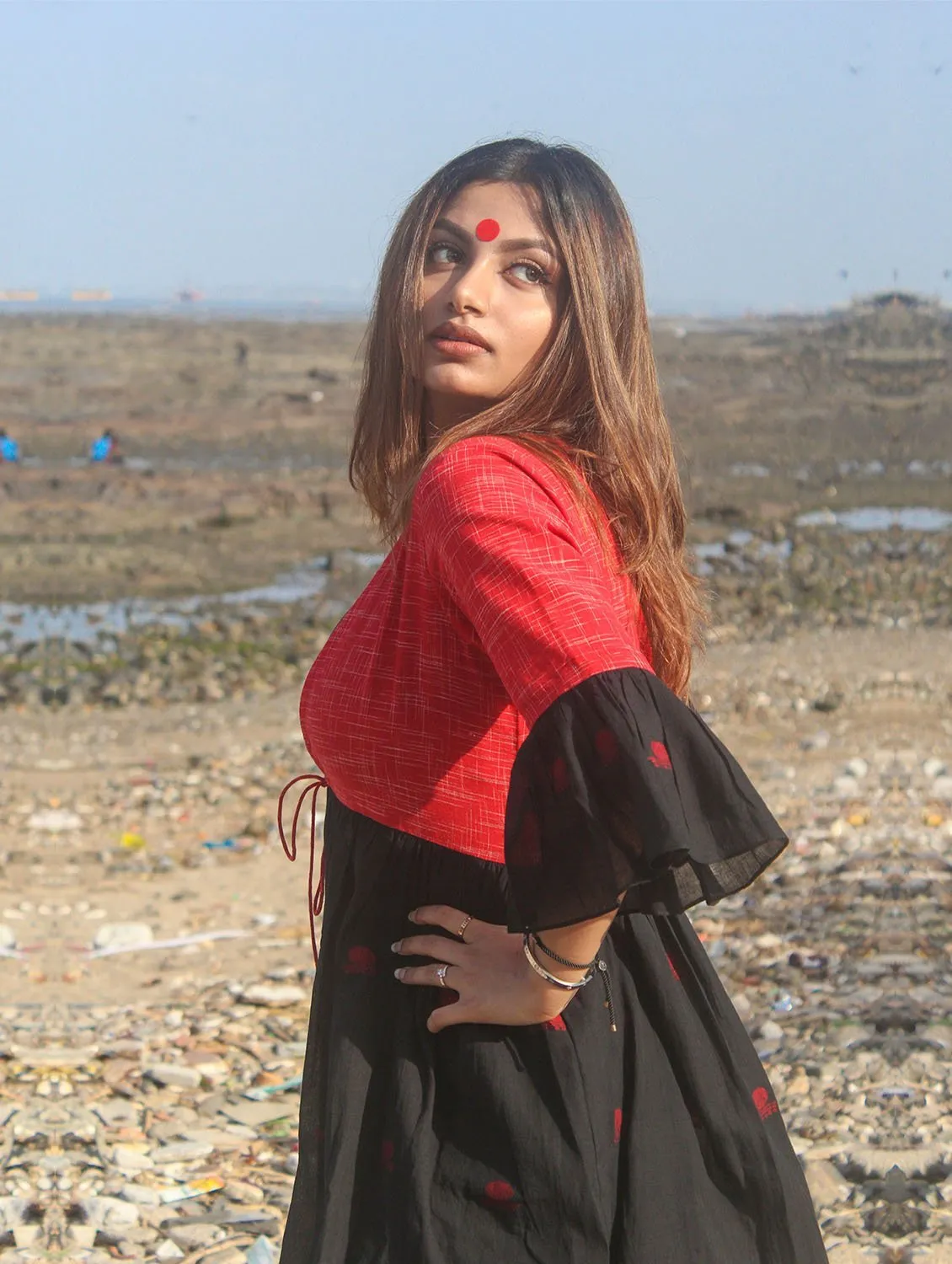 Black Cape Jacket With Flared Sleeves in Jamdani Fabric