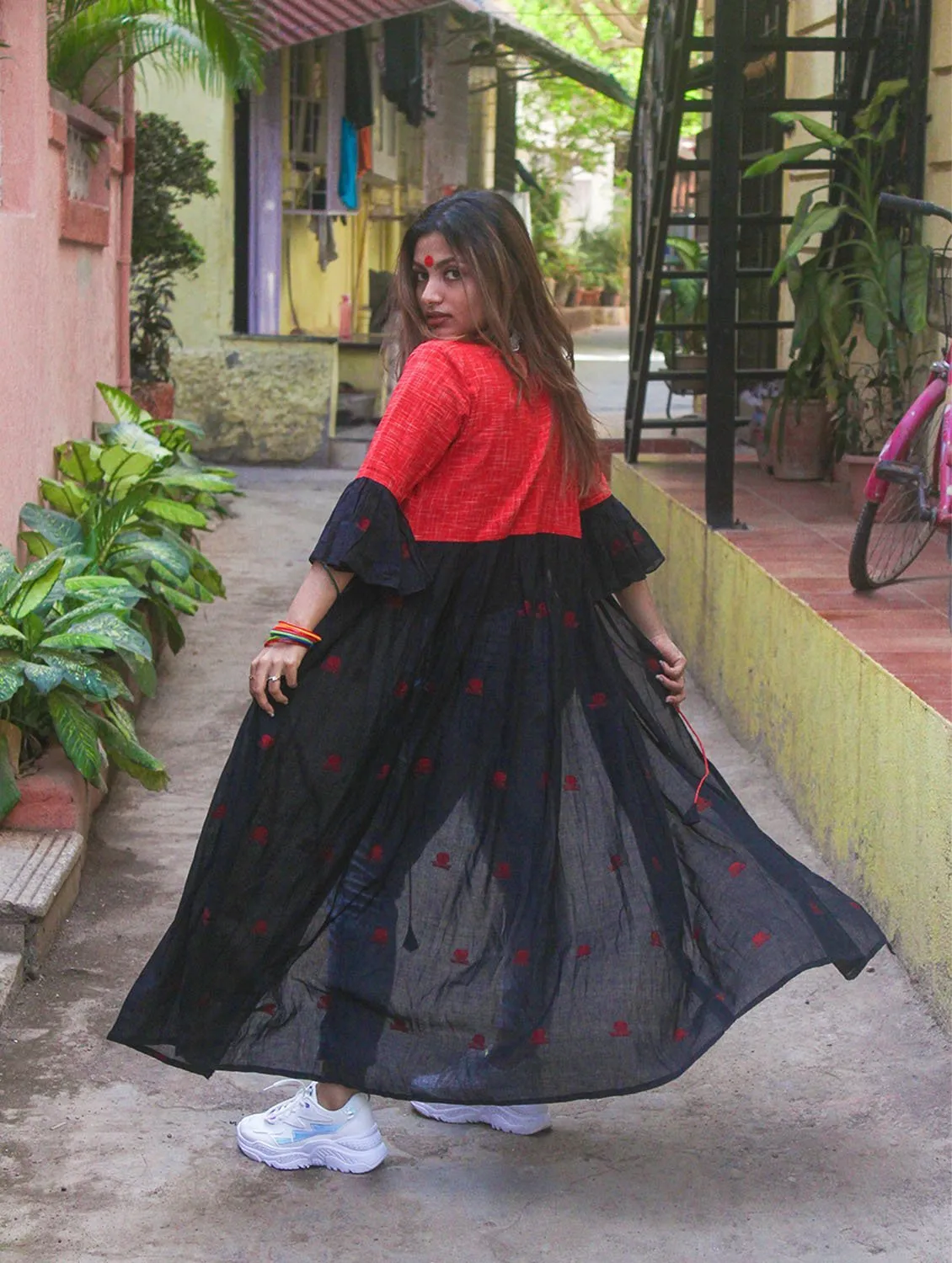 Black Cape Jacket With Flared Sleeves in Jamdani Fabric