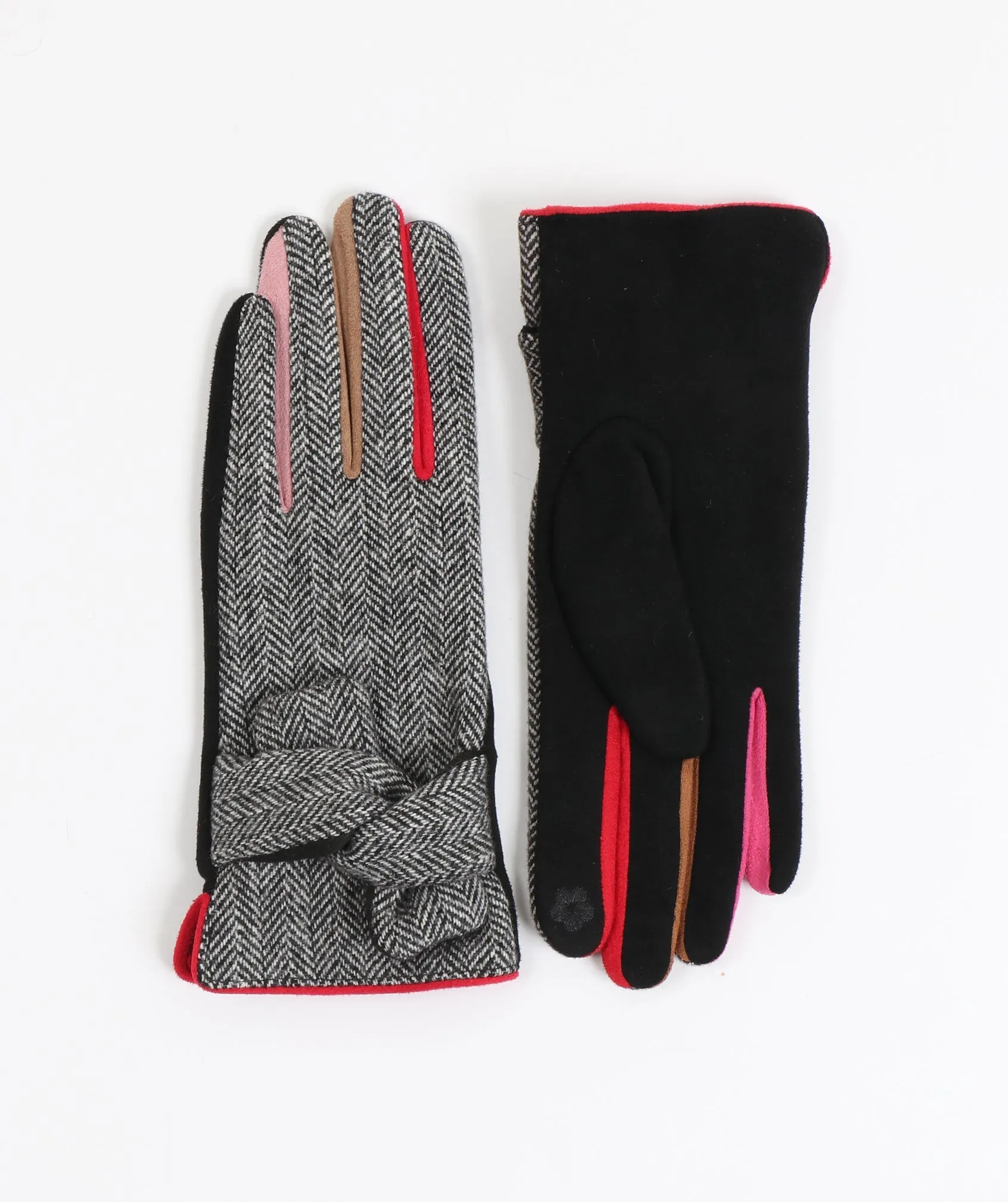 Black White Herringbone Wool Gloves