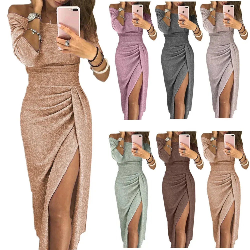 Bright Glitter Bodycon Dress Women Sexy Off Shoulder Party Long Dress
