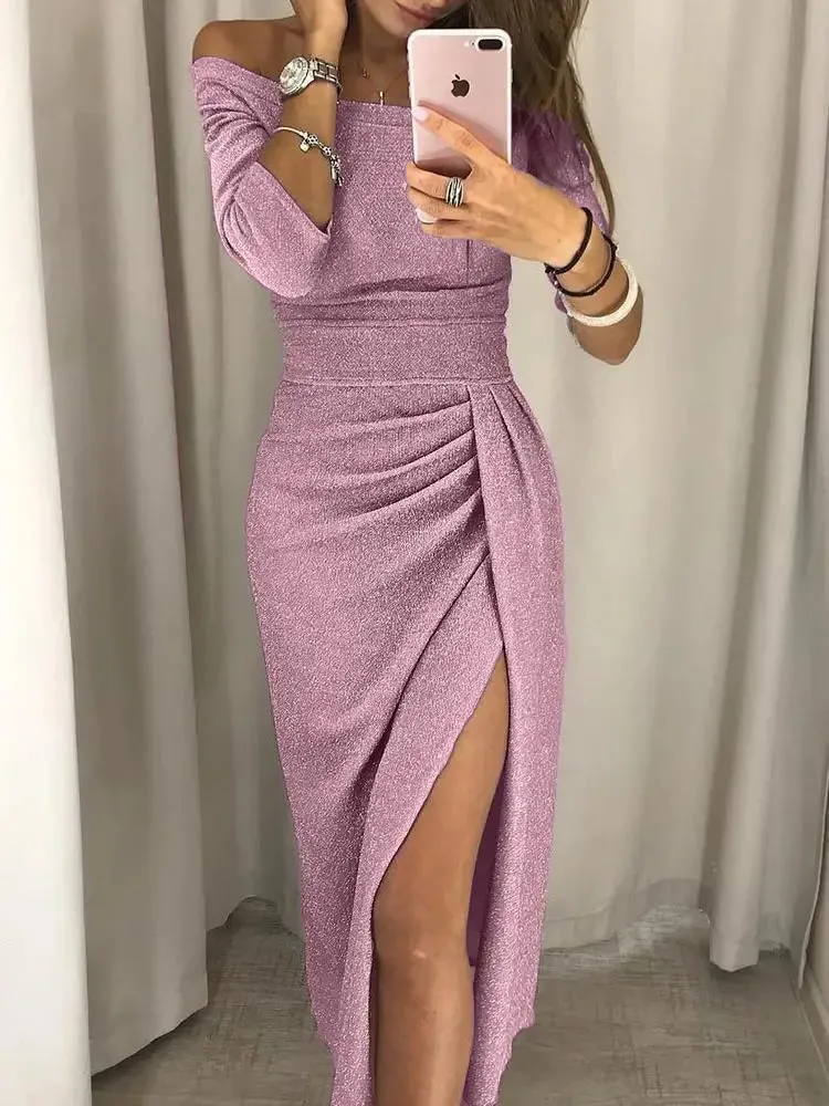 Bright Glitter Bodycon Dress Women Sexy Off Shoulder Party Long Dress