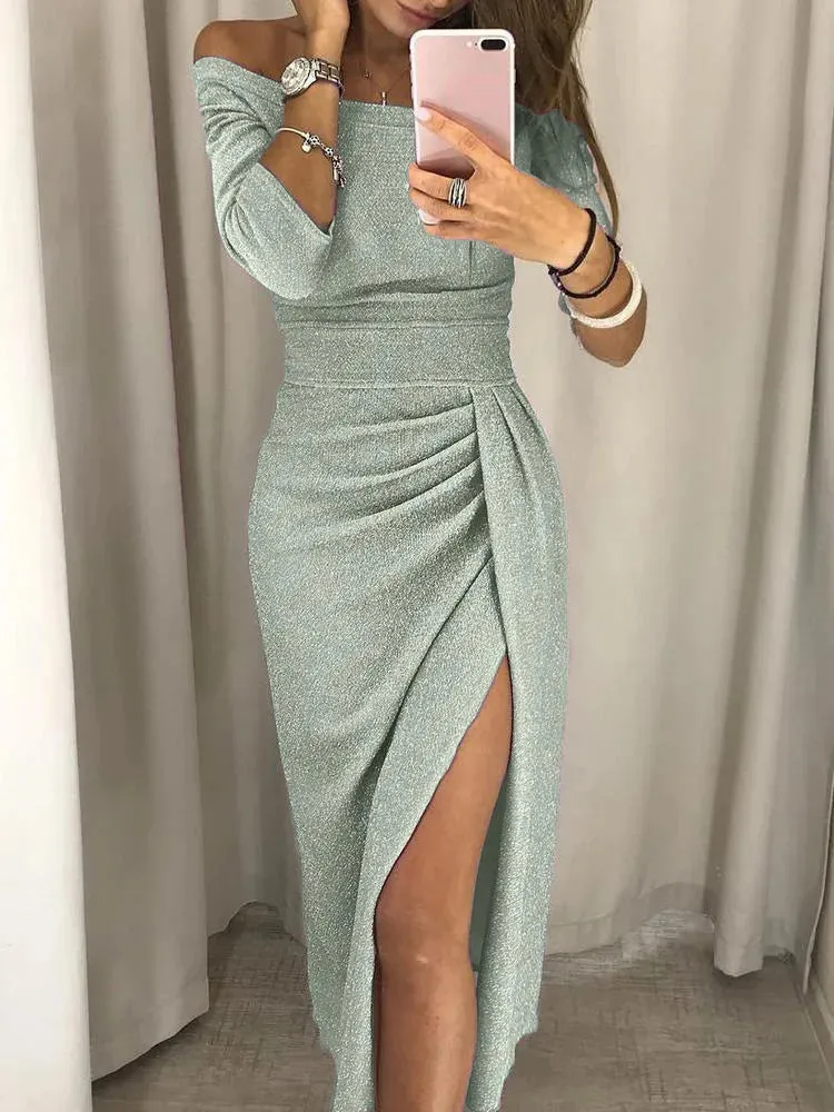Bright Glitter Bodycon Dress Women Sexy Off Shoulder Party Long Dress