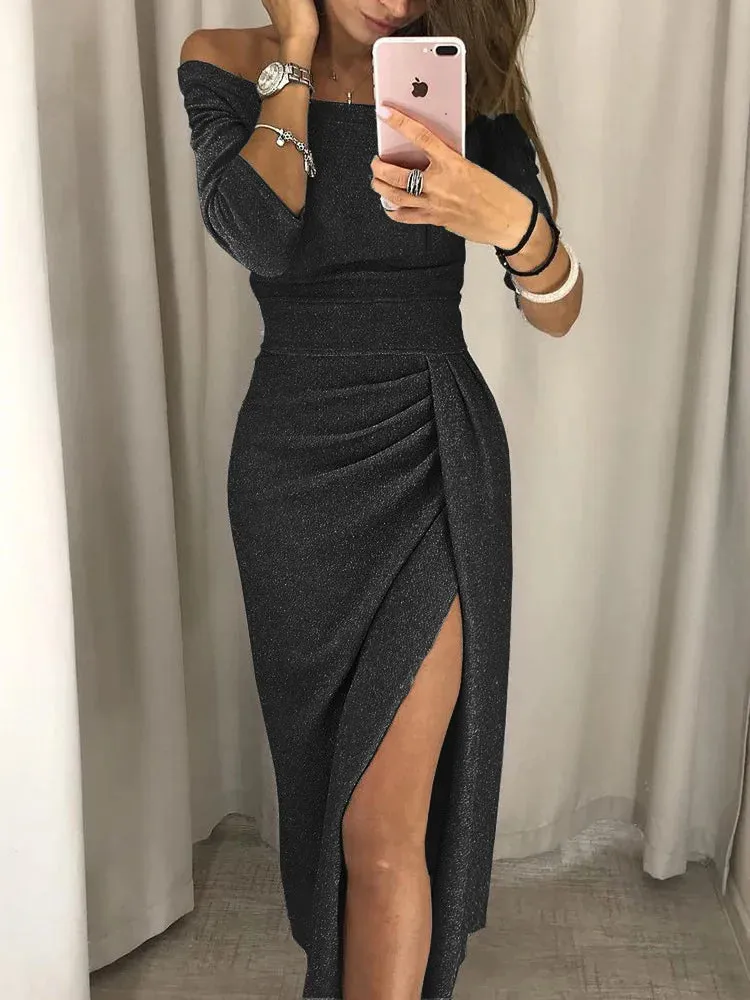 Bright Glitter Bodycon Dress Women Sexy Off Shoulder Party Long Dress