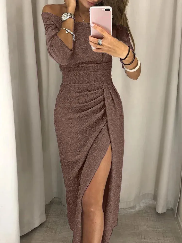 Bright Glitter Bodycon Dress Women Sexy Off Shoulder Party Long Dress