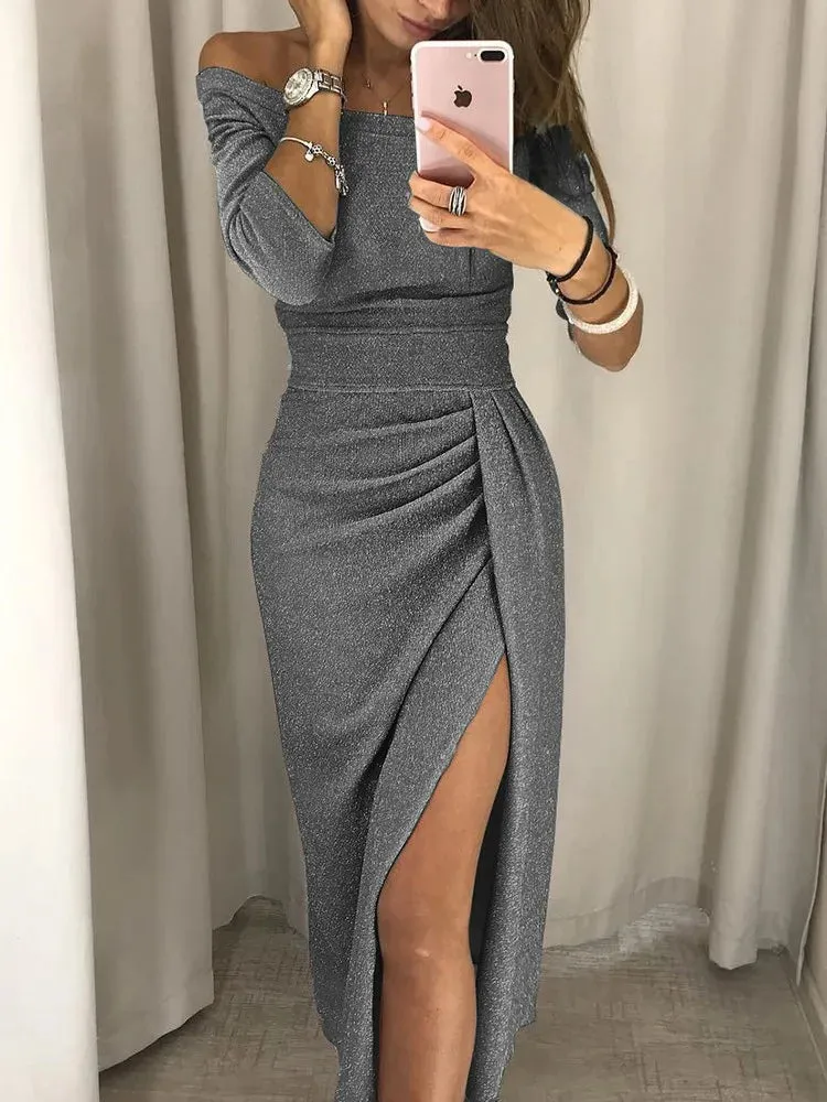Bright Glitter Bodycon Dress Women Sexy Off Shoulder Party Long Dress
