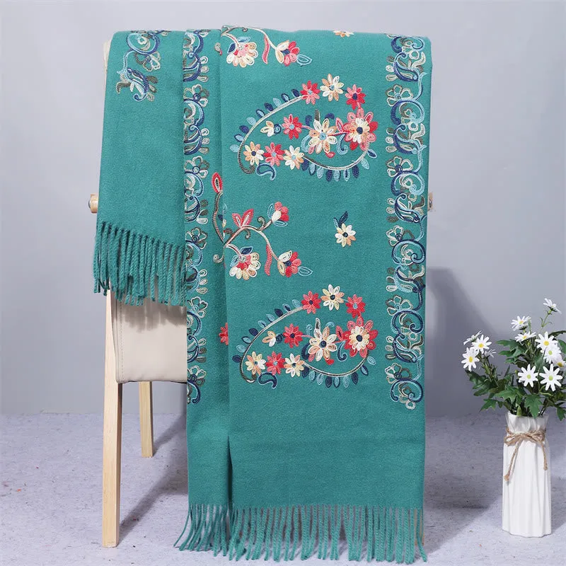 Buddha Stones Polyester Shawl Colorful Flower Ethnic Style Embroidery Tassel Winter Cozy Travel Scarf Wrap