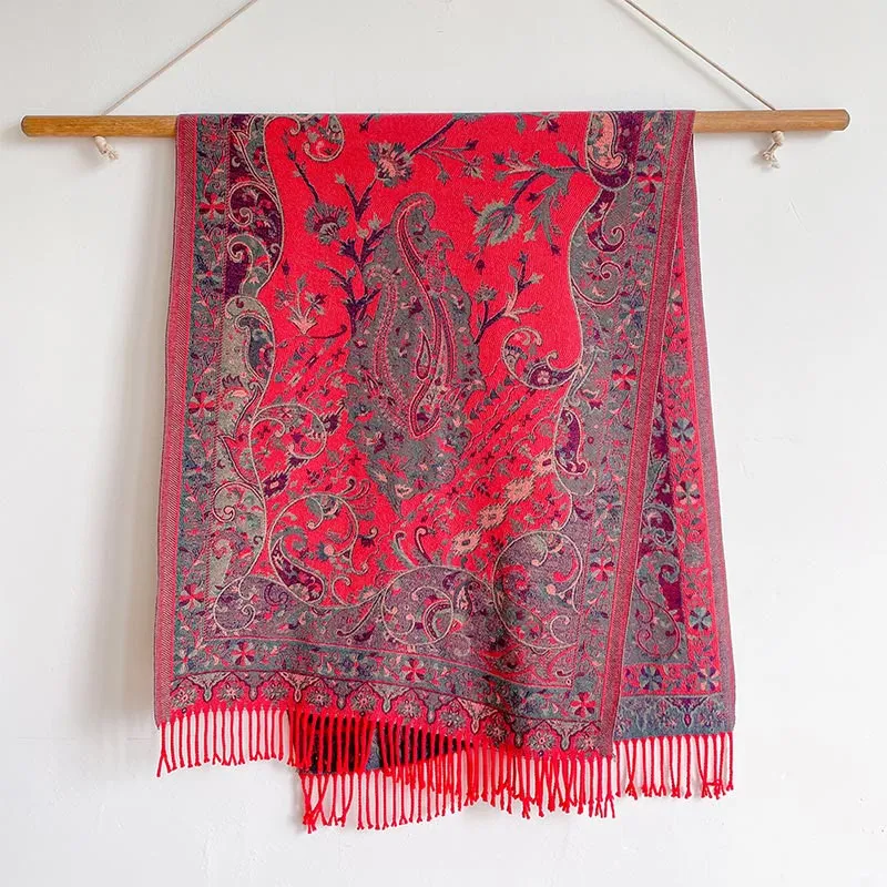 Buddha Stones Tibetan Cashew Flowers Vine Pattern Tassels Shawl Fall Winter Soft Scarf Wrap