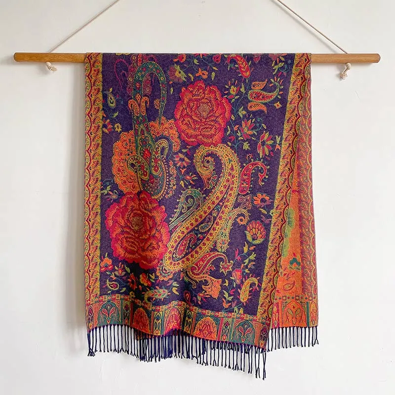 Buddha Stones Tibetan Cashew Peony Flowers Vine Tassels Shawl Fall Winter Cozy Scarf Wrap