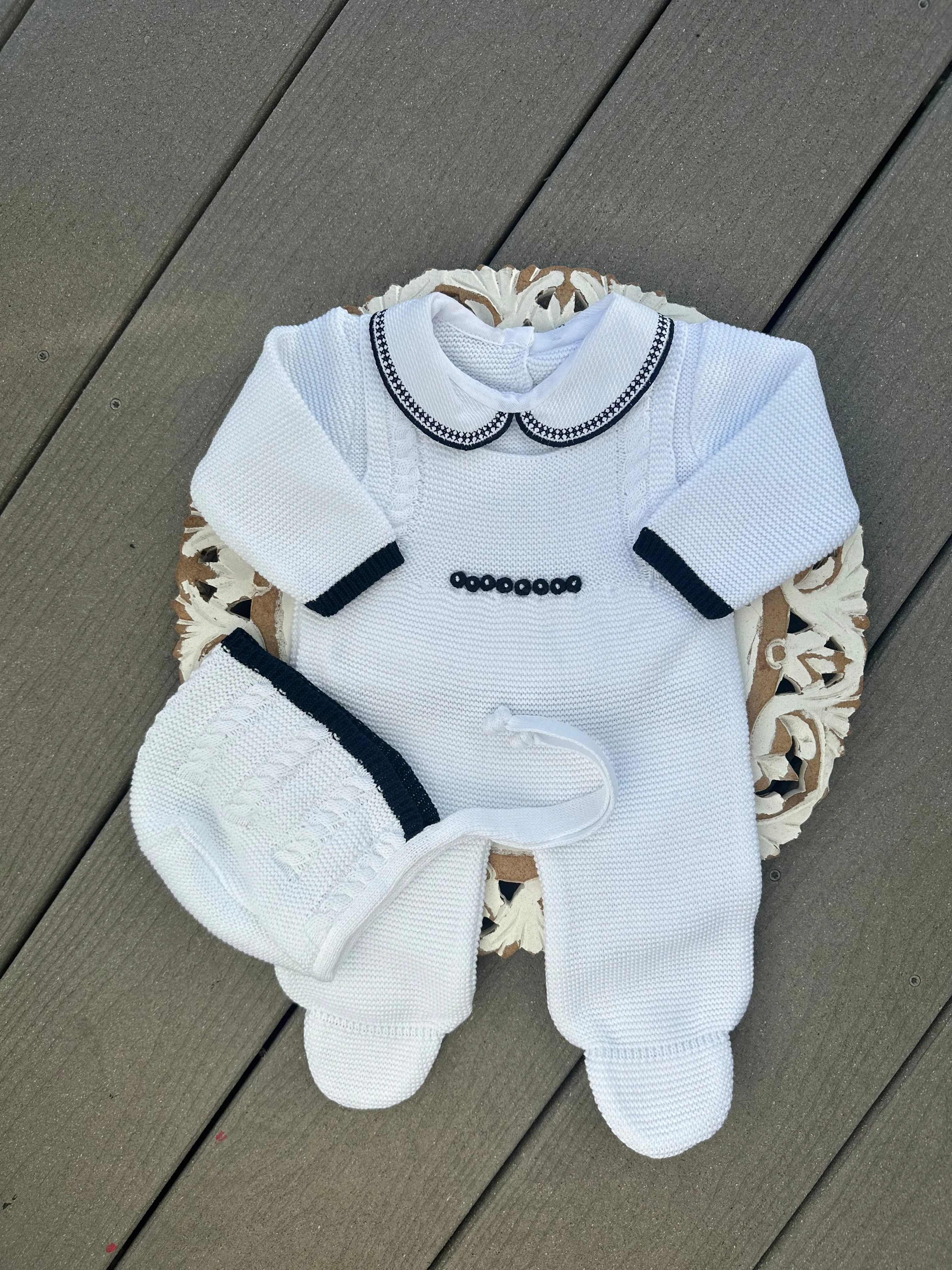 Cable Knit Suspenders Style With Ruffle Collar Baby Knitted Romper in White and Navy Blue