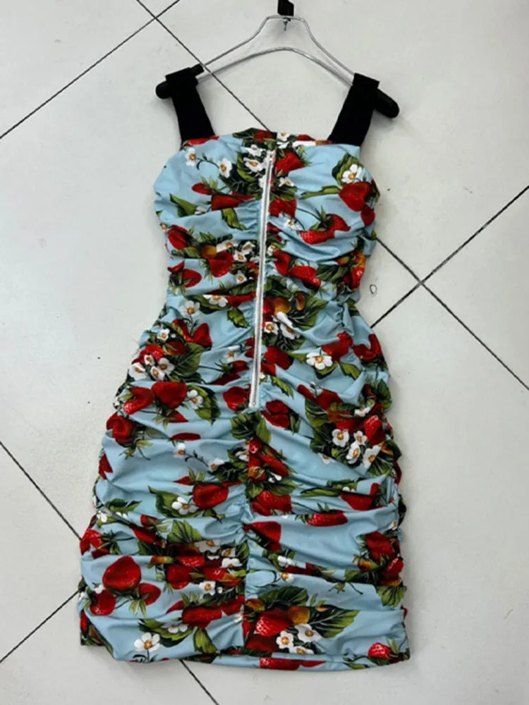 Colorblock Print Slimming Dresses For Women Square Collar Sleevless Camisole High Waist Dress Female Fashion