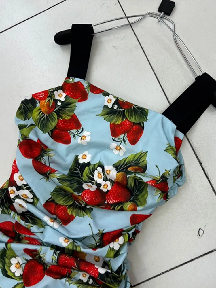 Colorblock Print Slimming Dresses For Women Square Collar Sleevless Camisole High Waist Dress Female Fashion
