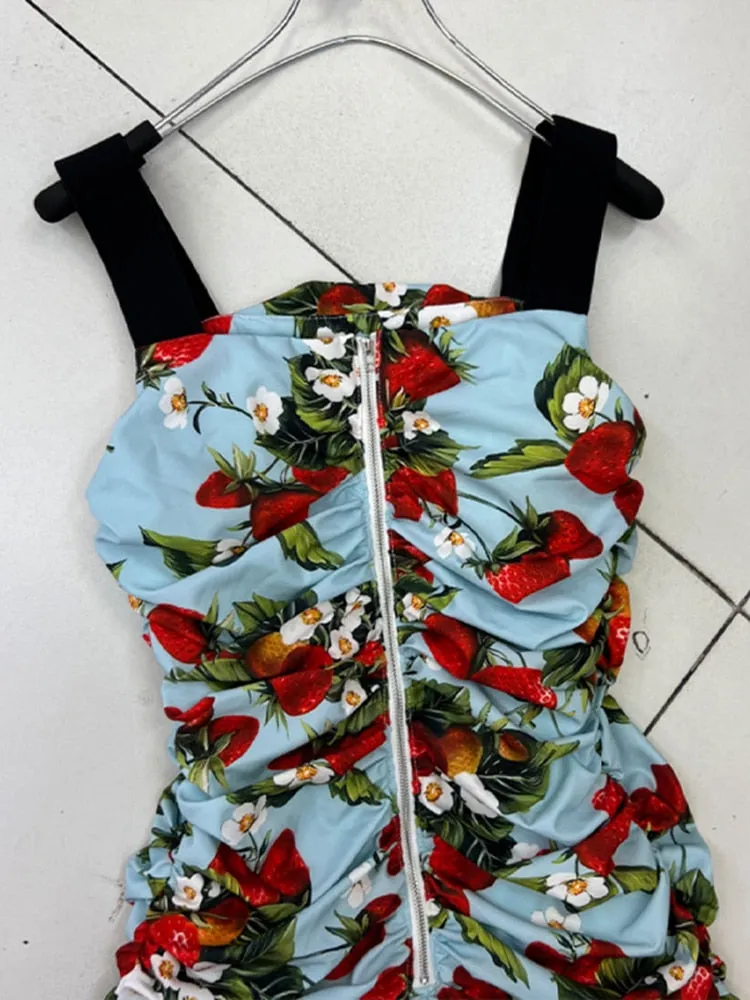 Colorblock Print Slimming Dresses For Women Square Collar Sleevless Camisole High Waist Dress Female Fashion