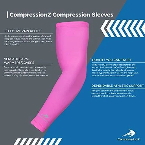CompressionZ Arm Sleeve (Pair) - Sports Compression Sleeves for Baseball, Basketball, Football, Cycling, Golf - Elbow Brace for Arthritis, Lymphedema - UV Protection for Men/Women (Pink, Large)