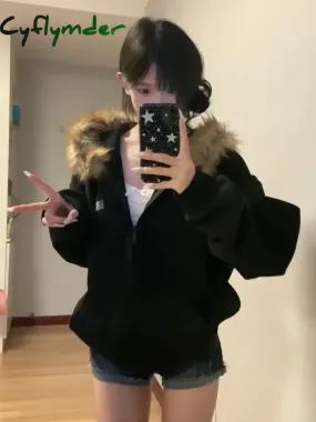 Cyflymder Black Zip Up Hoodies Women Vintage Preppy Style Faux Fur Coat Korean Oversized Casual Sweatshirt Harajuku Autumn Winter