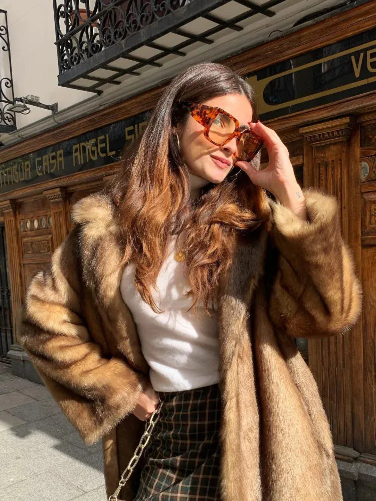 Dark Brown Faux Fur Long Overcoat For Women Fashion Lapel Single Breasted Loose Fluffy Plush Warm Coat Winter Thicken Outerwear
