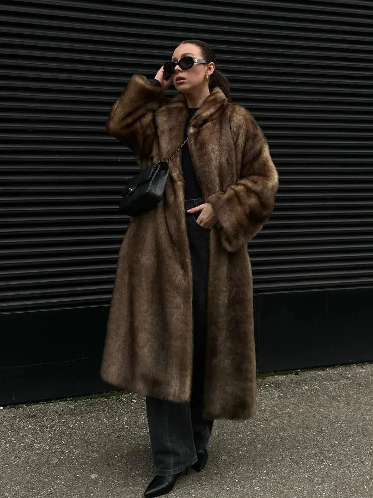 Dark Brown Faux Fur Long Overcoat For Women Fashion Lapel Single Breasted Loose Fluffy Plush Warm Coat Winter Thicken Outerwear