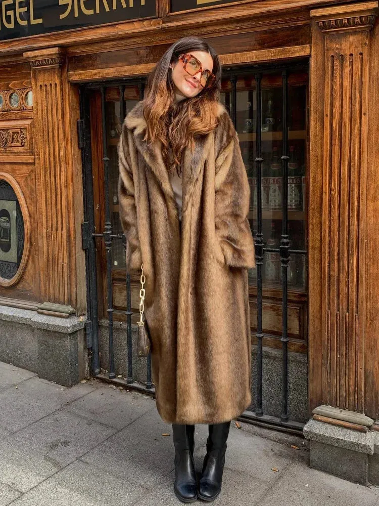 Dark Brown Faux Fur Long Overcoat For Women Fashion Lapel Single Breasted Loose Fluffy Plush Warm Coat Winter Thicken Outerwear