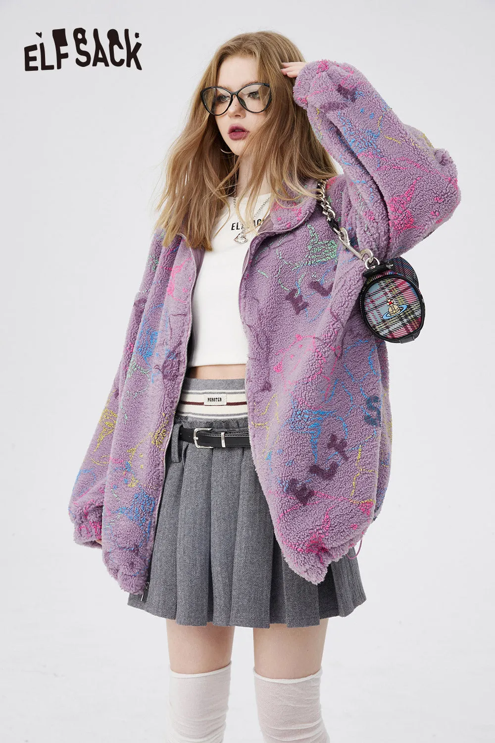 ELFSACK Korean Warm Plush Jacket for Women Spring/Winter Loose Plush Thickened Cotton Zipper Overcoat