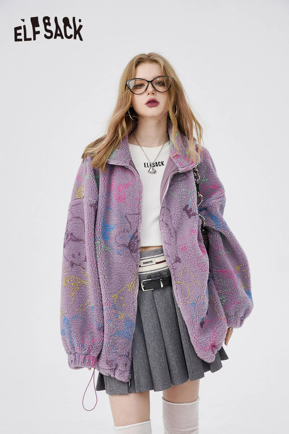 ELFSACK Korean Warm Plush Jacket for Women Spring/Winter Loose Plush Thickened Cotton Zipper Overcoat