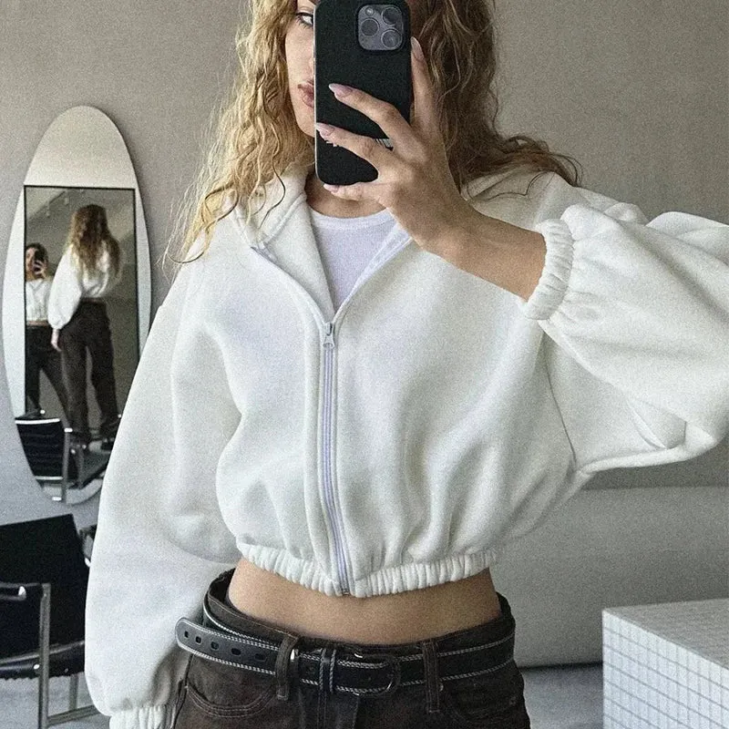 Fall Women's Fashion Zipper Cropped Jacket Solid Color Loose Surcoat Hoody