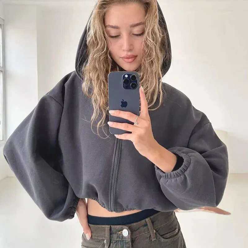 Fall Women's Fashion Zipper Cropped Jacket Solid Color Loose Surcoat Hoody