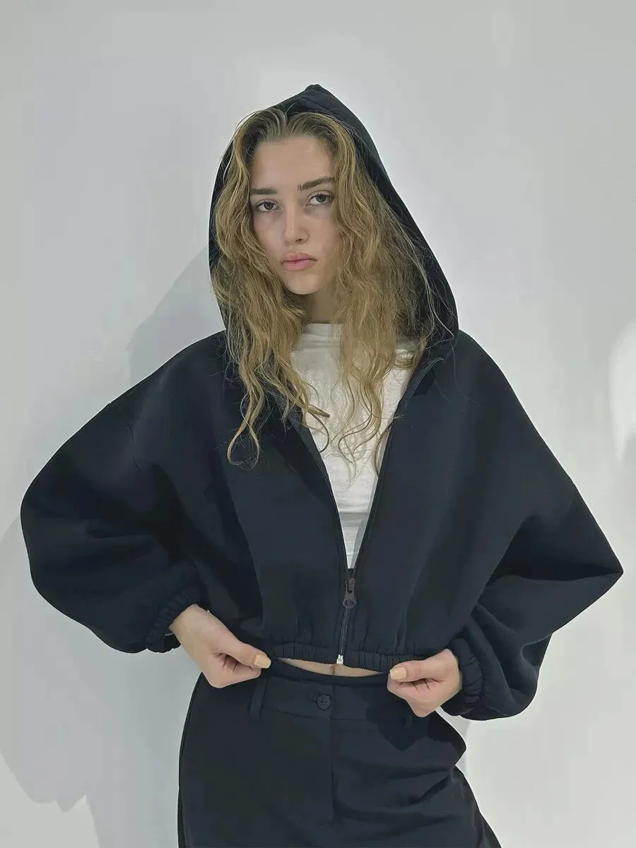 Fall Women's Fashion Zipper Cropped Jacket Solid Color Loose Surcoat Hoody