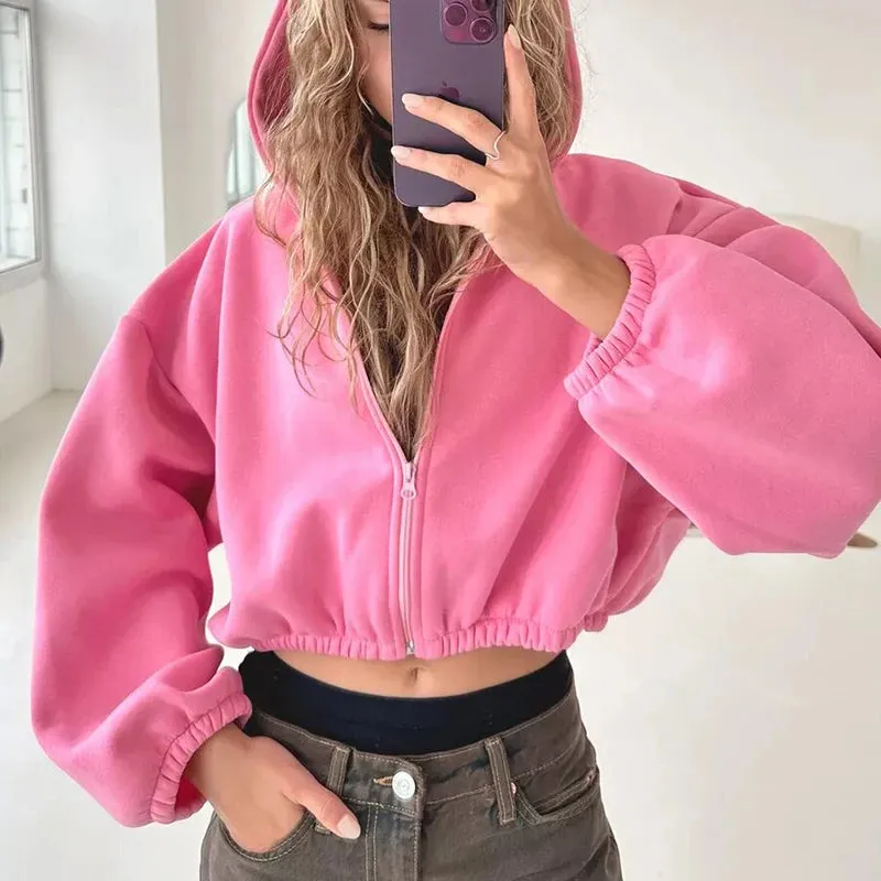 Fall Women's Fashion Zipper Cropped Jacket Solid Color Loose Surcoat Hoody