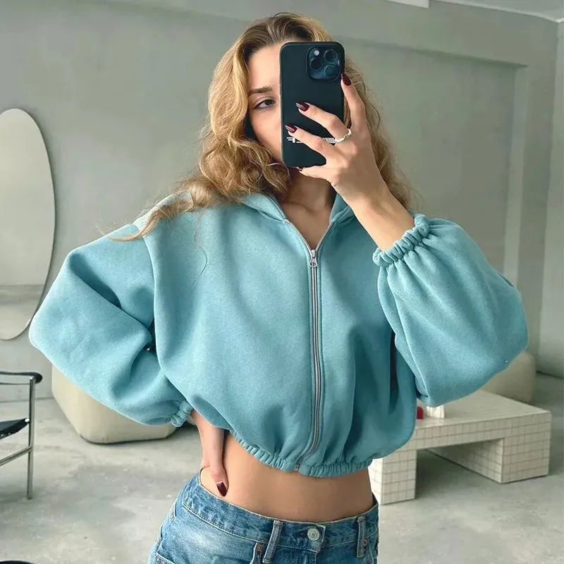 Fall Women's Fashion Zipper Cropped Jacket Solid Color Loose Surcoat Hoody