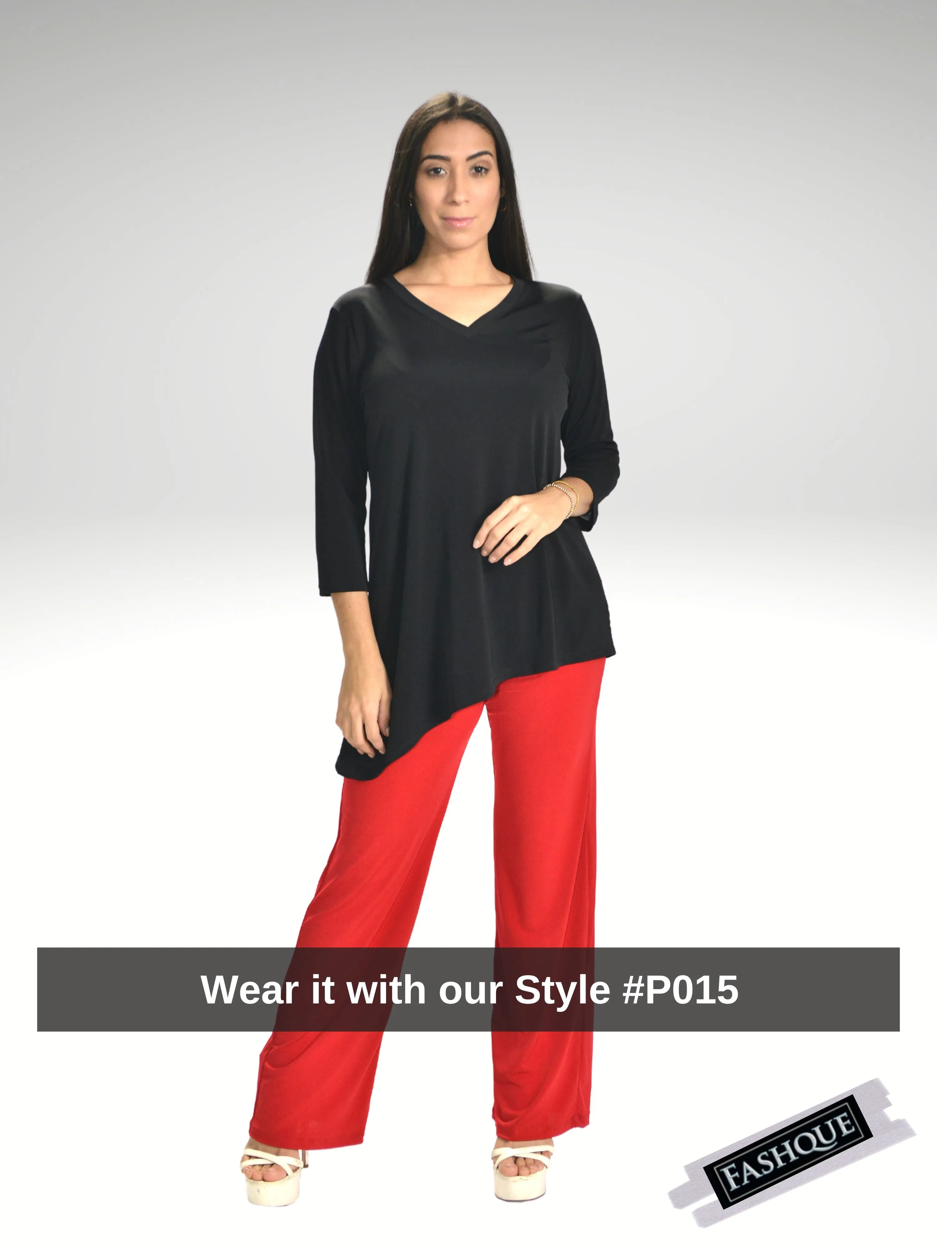 FASHQUE - V - Neck Asymmetrical 3/4 Sleeve Tunic Top- T564