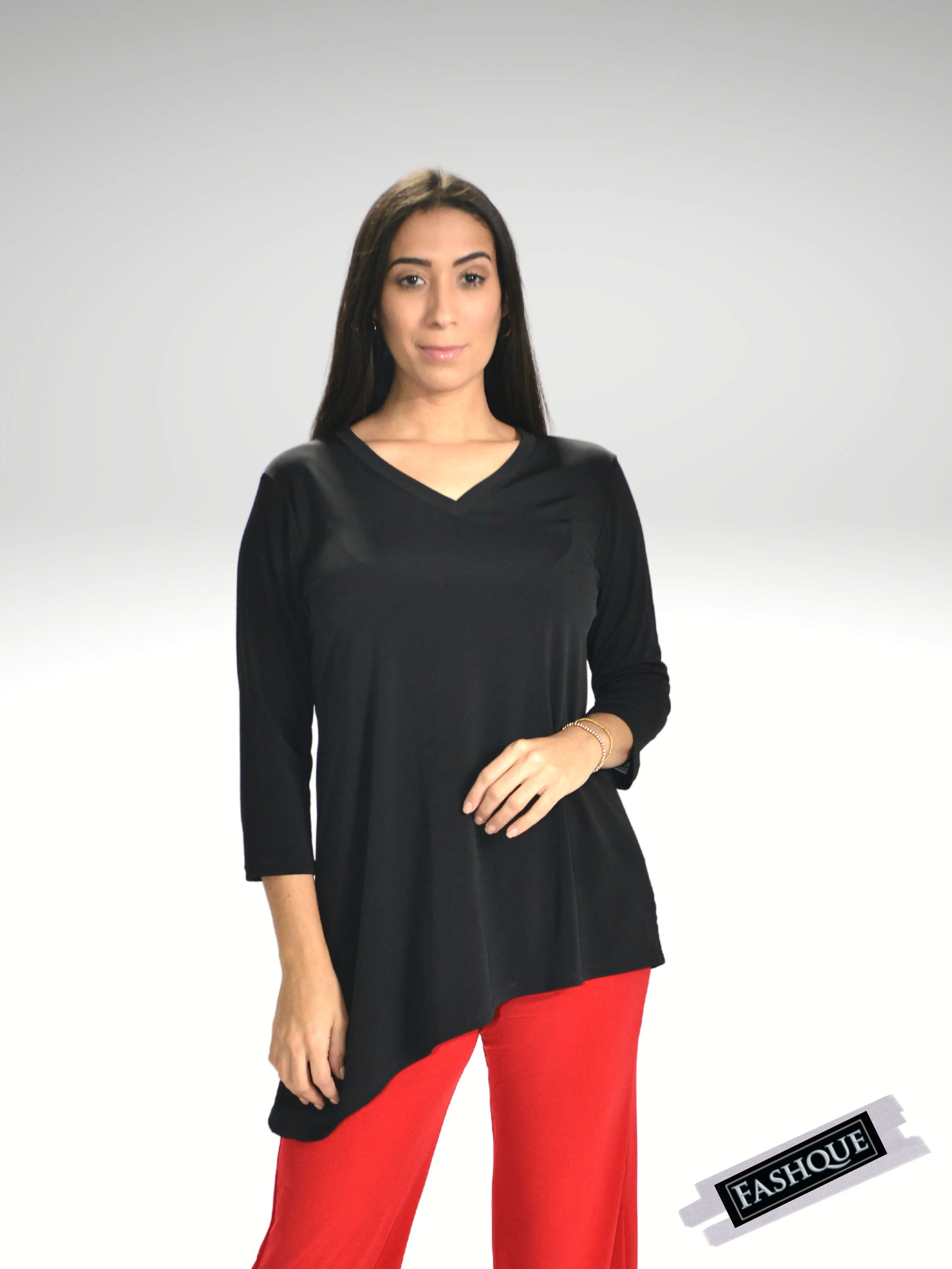 FASHQUE - V - Neck Asymmetrical 3/4 Sleeve Tunic Top- T564