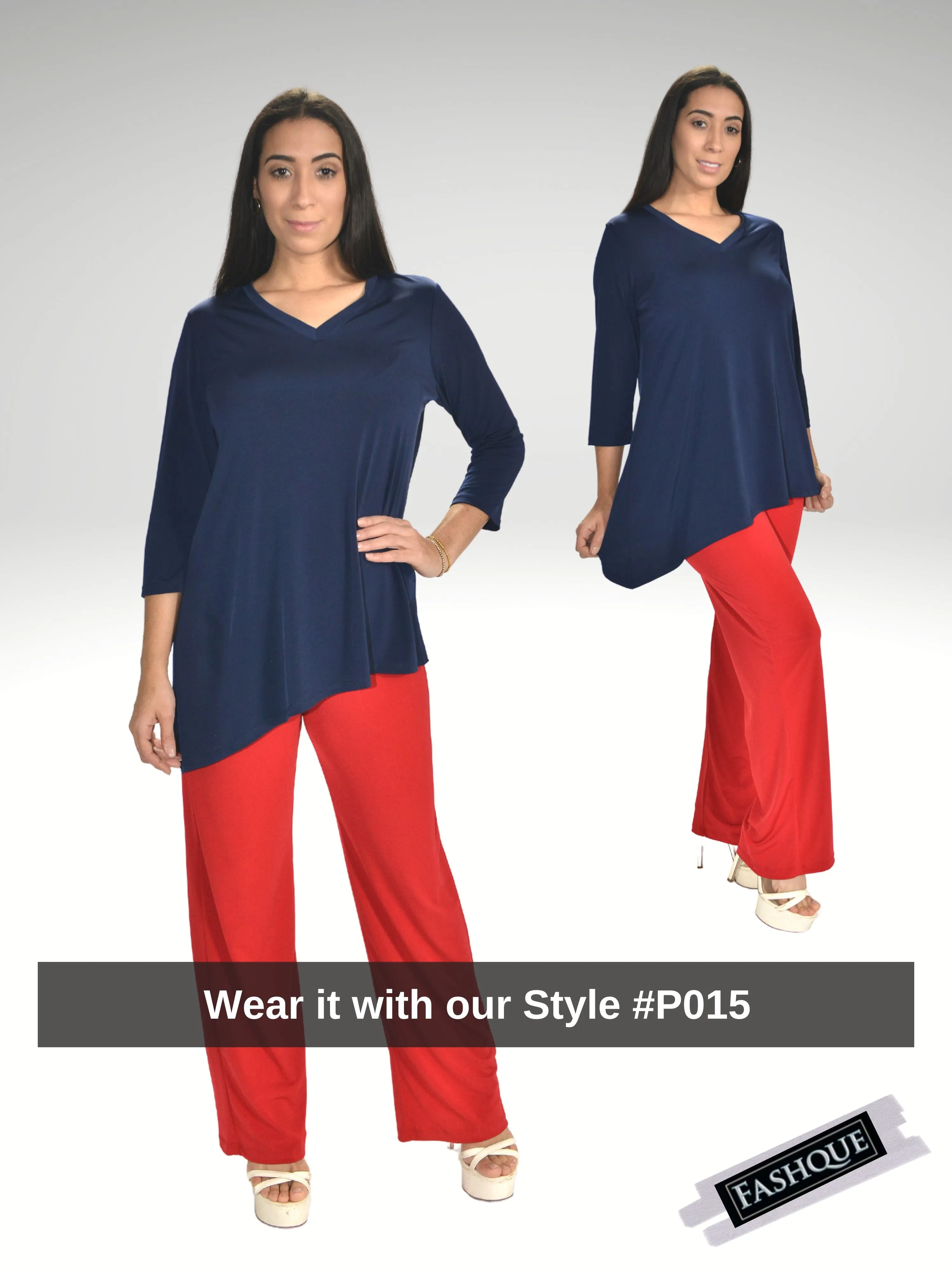 FASHQUE - V - Neck Asymmetrical 3/4 Sleeve Tunic Top- T564