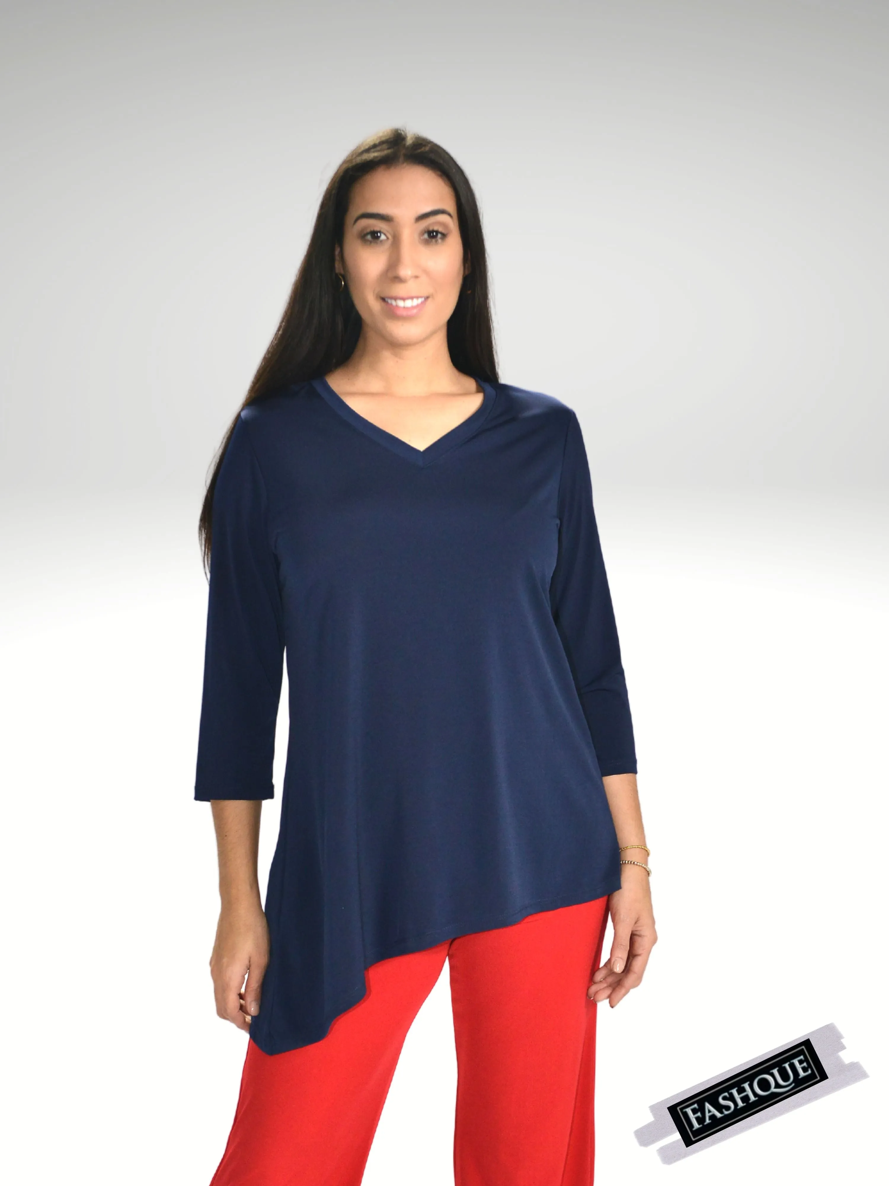 FASHQUE - V - Neck Asymmetrical 3/4 Sleeve Tunic Top- T564