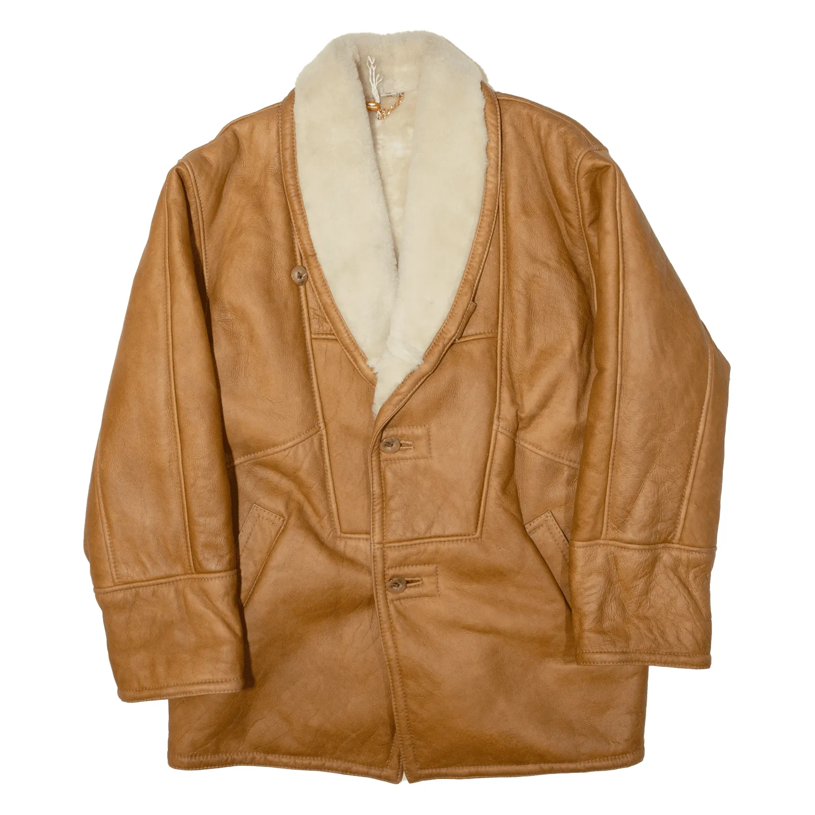 Faux Fur Lined Overcoat Leather Jacket Beige Mens L