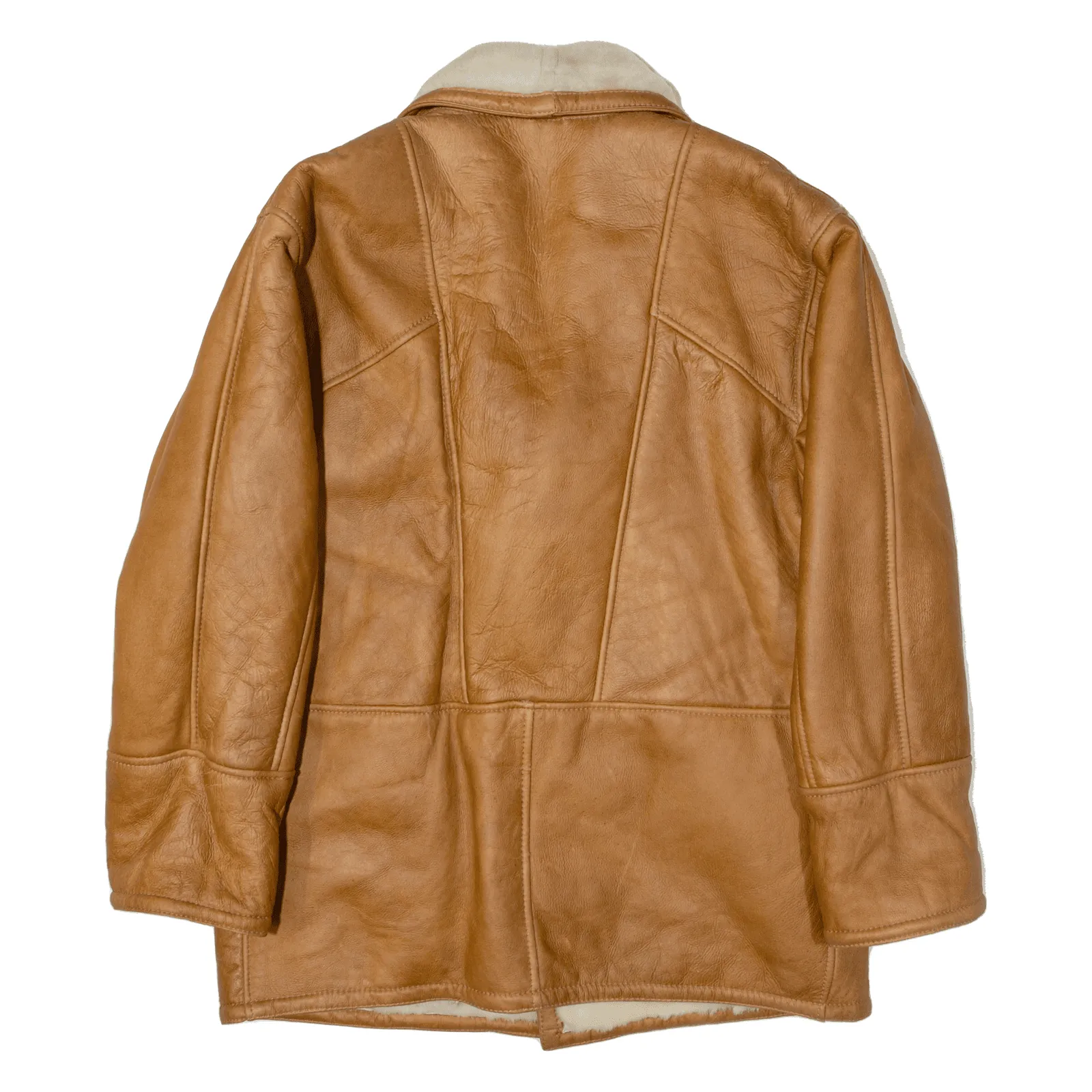 Faux Fur Lined Overcoat Leather Jacket Beige Mens L