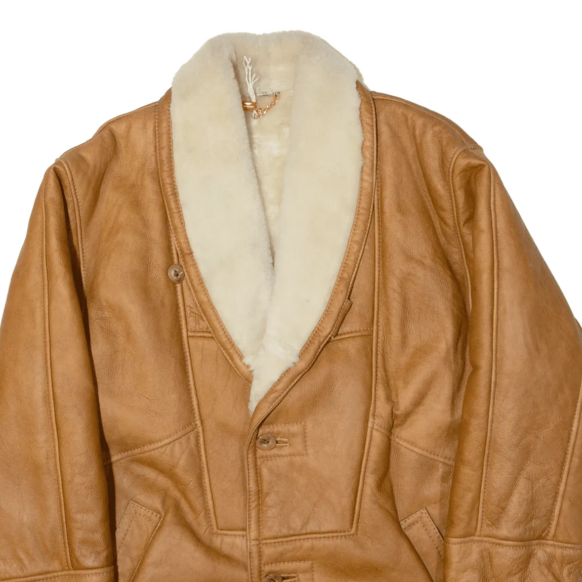 Faux Fur Lined Overcoat Leather Jacket Beige Mens L