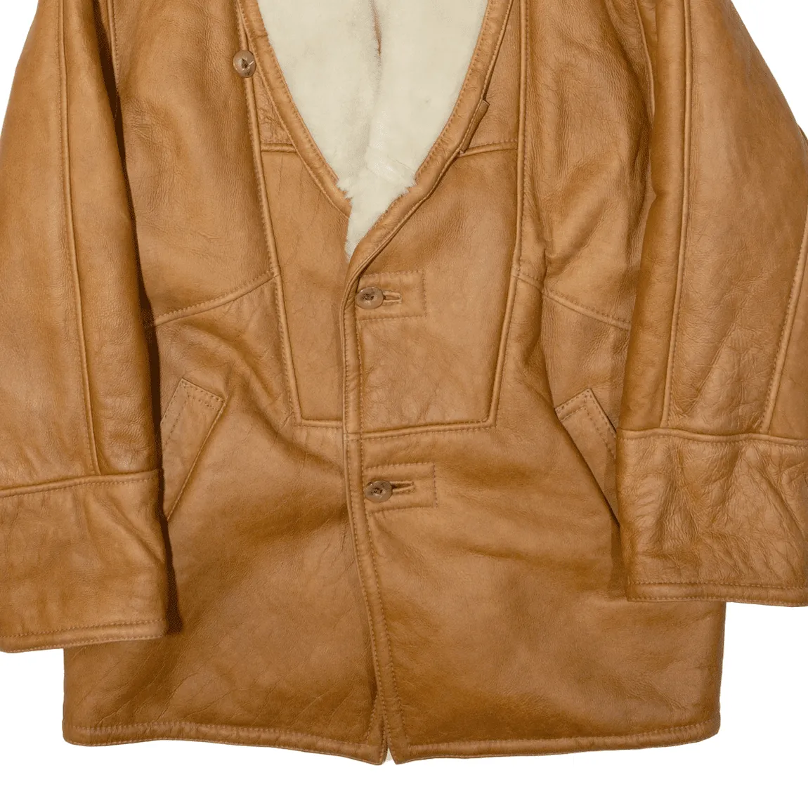 Faux Fur Lined Overcoat Leather Jacket Beige Mens L