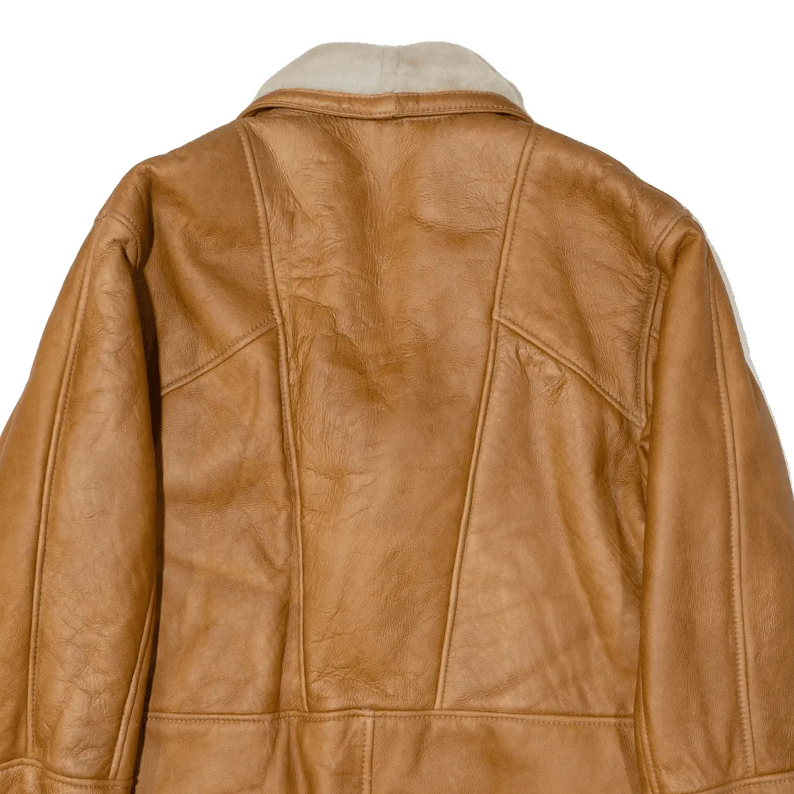Faux Fur Lined Overcoat Leather Jacket Beige Mens L