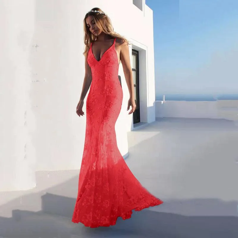 Female White V-collar Camisole Gown Dress