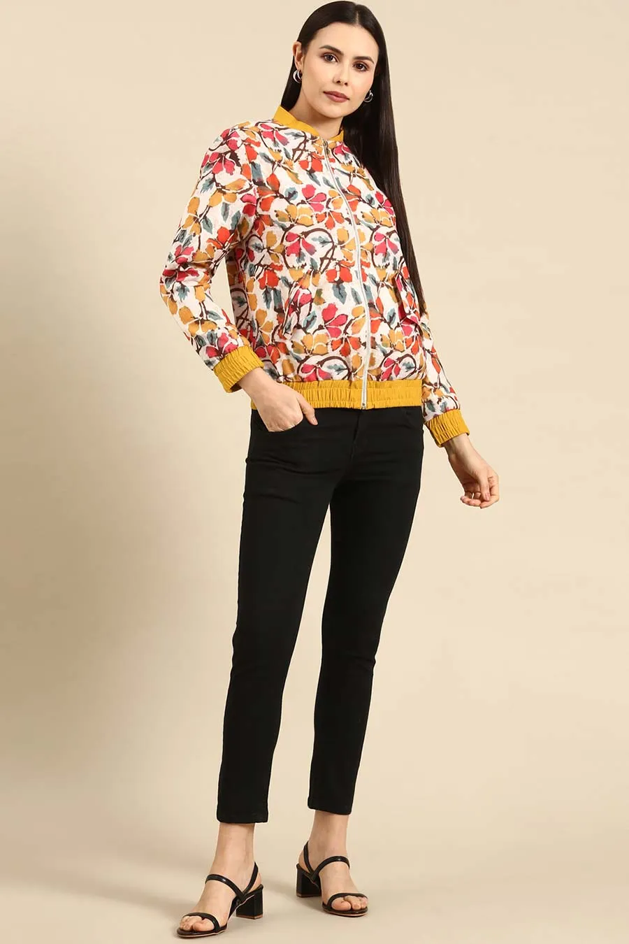 Floral Printed Linen Bomber Jacket