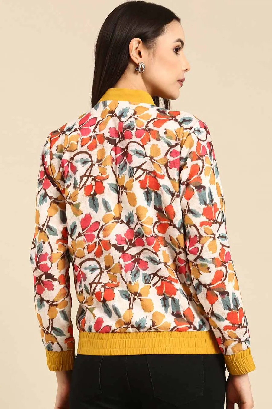Floral Printed Linen Bomber Jacket