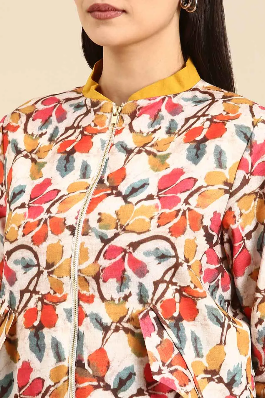 Floral Printed Linen Bomber Jacket
