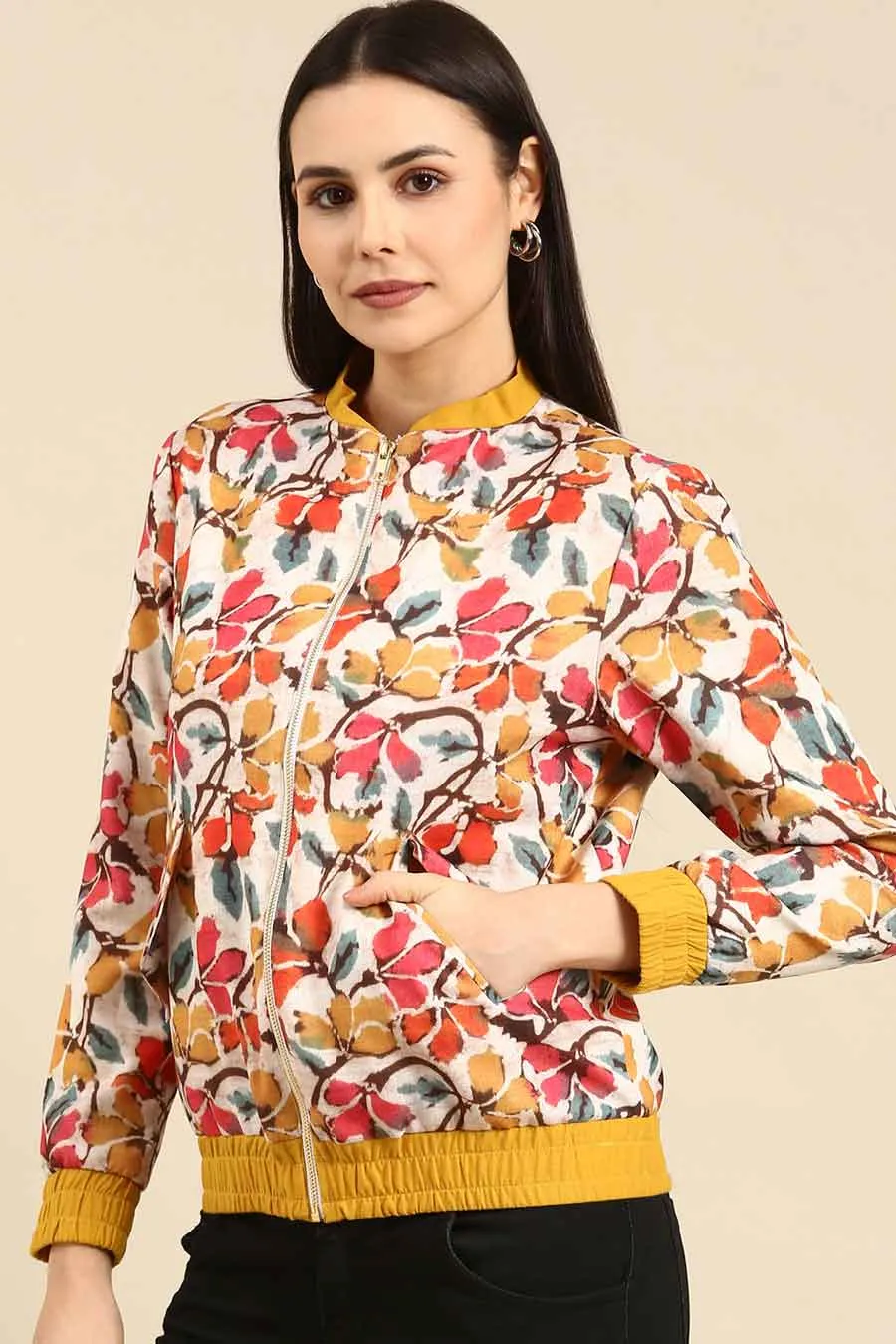 Floral Printed Linen Bomber Jacket