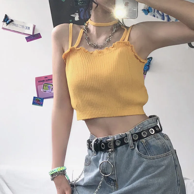 Flower Embroidery Knitted Crop Tops Camis Strappy Tanks Cute