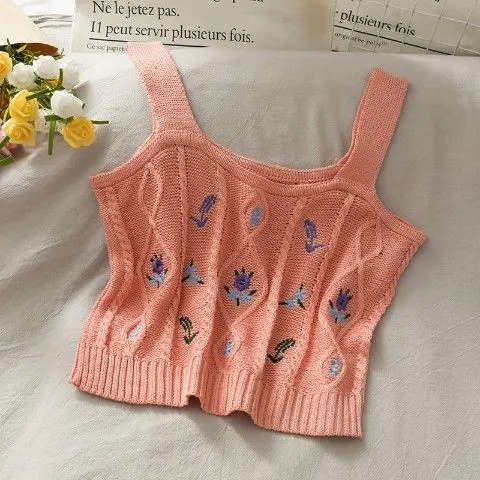 Flower Embroidery Knitted Crop Tops Camis Strappy Tanks Cute