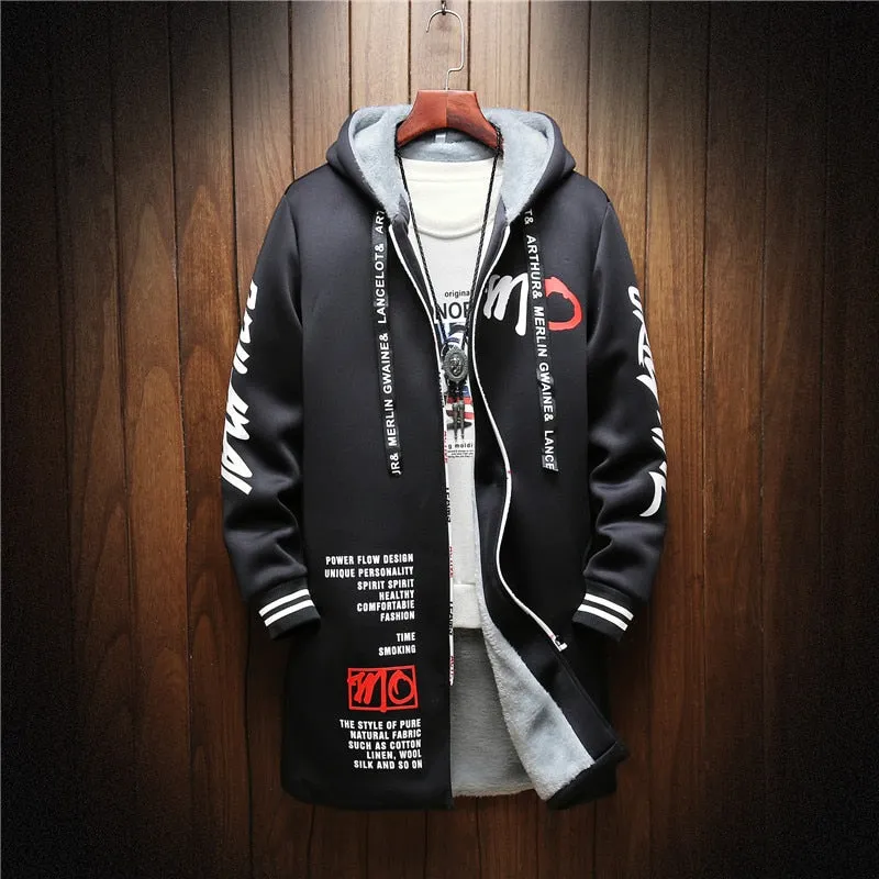GbolsosWinter Slim Long Trench Coat Men Letter Print Style Hooded Overcoat Black Hip Hop Streetwear Autumn Korean Mens Jacket